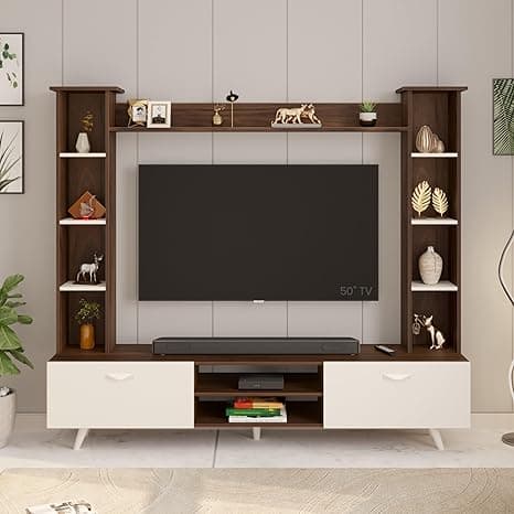 BLUEWUD Pinn Modern TV Unit/TV Stand/TV Cabinet Panel/Entertainment Center with Storage & Display Shelves for Books & Décor, Living Room Fits Upto 60 Inches - (Brown Maple/White) (Pinn TV Unit)