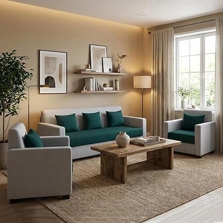 FURNY Lexon 5 Seater Fabric 3+1+1 Sofa Set (Greenish Teal-Light Grey) Premium Velvet Finish | Durable & Comfortable | Ideal for Living Room