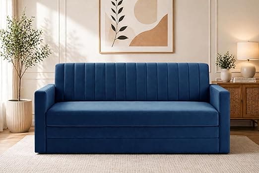 Modern Velvet 3-Seater Sofa Cum Bed with Armrest, Convertible Sleeper Couch Sofa for Living Room, Bedroom & Office-Blue
