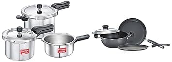 Prestige Omega Select Plus 3-Piece Non-Stick Kitchen Set Black/Silver & Prestige 2L+3L+5L Svachh Outer Lid Aluminium Combo Pressure Cooker, Gas & Induction Compatible