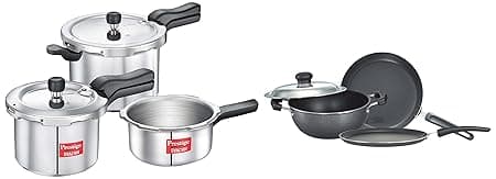 Prestige Omega Select Plus 3-Piece Non-Stick Kitchen Set Black/Silver & Prestige 2L+3L+5L Svachh Outer Lid Aluminium Combo Pressure Cooker, Gas & Induction Compatible