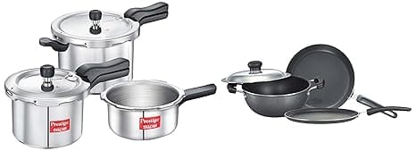 Prestige Omega Select Plus 3-Piece Non-Stick Kitchen Set Black/Silver & Prestige 2L+3L+5L Svachh Outer Lid Aluminium Combo Pressure Cooker, Gas & Induction Compatible