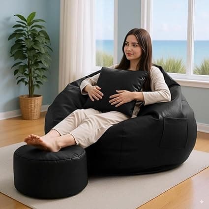 4XL Bean Bag Chair with Footrest & Cushion | Pre-Filled Beans | PVC Leatherette Lounger Sofa | Indoor & Outdoor Bean Bag with Pocket & Handle | Double Stitching | 6 Months Warranty Color- Black