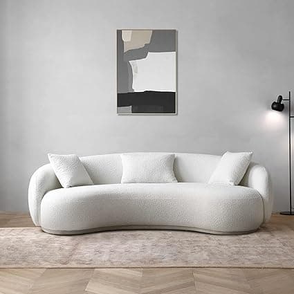 Modern Sofa Chesterfield Design with Stylish Wooden Legs Bouncy Teddy Fabric Sofa for Bedroom, Living Room, Dining Room & Hallway-(3 Seater Beige Curved).