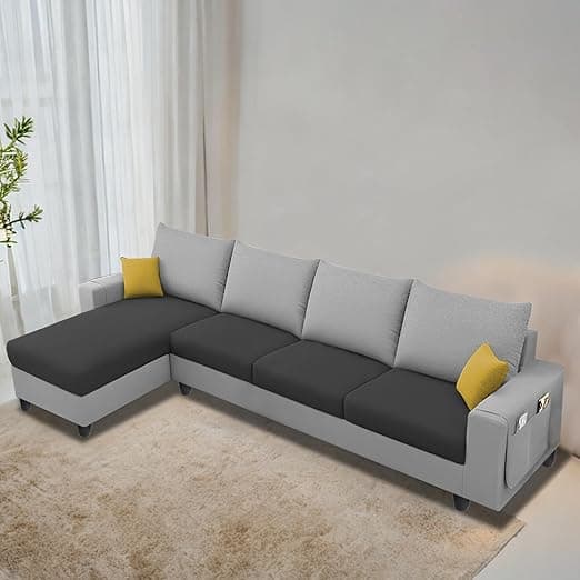 Casaliving Porto LHS 6 Seater L Shape Sofa Set for Living Room (Black Grey Fabric) Premium Velvet Fabric