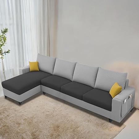 Casaliving Porto LHS 6 Seater L Shape Sofa Set for Living Room (Black Grey Fabric) Premium Velvet Fabric