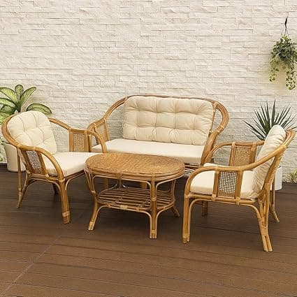 IRA 4-Piece Cane Rattan Wooden Sofa Set for Living Room | Vintage Modern Furniture with Cushions | Handcrafted Brown Bamboo Style Couch Set