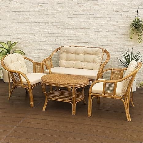 IRA 4-Piece Cane Rattan Wooden Sofa Set for Living Room | Vintage Modern Furniture with Cushions | Handcrafted Brown Bamboo Style Couch Set