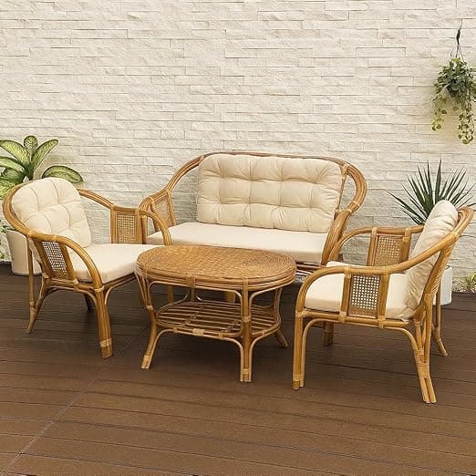 IRA 4-Piece Cane Rattan Wooden Sofa Set for Living Room | Vintage Modern Furniture with Cushions | Handcrafted Brown Bamboo Style Couch Set