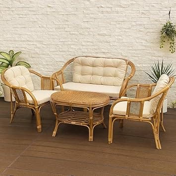 IRA 4-Piece Cane Rattan Wooden Sofa Set for Living Room | Vintage Modern Furniture with Cushions | Handcrafted Brown Bamboo Style Couch Set