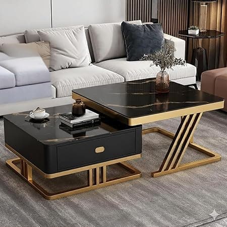 Two Square Stacking Nesting Coffee Tables with Metal Frames, Wooden Tops, and Handcrafted Drawers Make up This Contemporary Centre Couch Table for Living Rooms bedrooms, & Apartments (G Blk)