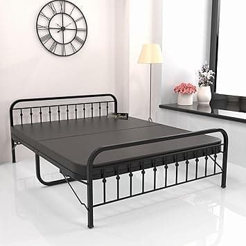 Honey Touch Nova Folding Double Size Bed with Ortho Tri Layer Mattress | No Assembly Required | Foldable Bed for Sleeping/Guests/Rented Apartments/Bedroom(4x6.25ft, Black)