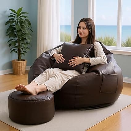 4XL Bean Bag Chair with Footrest & Cushion | Pre-Filled Beans | PVC Leatherette Lounger Sofa | Indoor & Outdoor Bean Bag with Pocket & Handle | Double Stitching | 6 Months Warranty Color- (Brown)