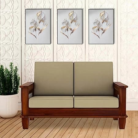 Solid Sheesham Wood 2-Person Sofa Set with Side Pocket for Living Room Office Hotel Hall Wooden Sofa Furniture (Honey Finish, Cream Cushion)