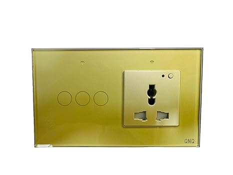 QNQ SMART WiFi TOUCH SWITCH 3 SWITCHES + 1 UNIVERSAL SOCKET (10 amps each) 800 WATT/SWITCH GLASS : Elevate Your Home with Effortless Control Home Automation. fits in 4 module concealed board (GOLD)