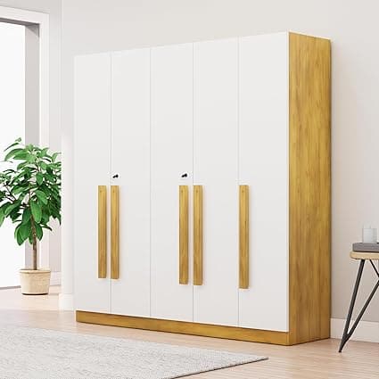 Bniture 5 Door Wooden Wardrobe for Bedroom with Lockable Door & 2 Hanging Space | Engineered Wood Almirah for Clothes | Wardrobe for Storage Cupboard with 8 Shelves (Giant Wood & Frosty White)