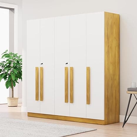 Bniture 5 Door Wooden Wardrobe for Bedroom with Lockable Door & 2 Hanging Space | Engineered Wood Almirah for Clothes | Wardrobe for Storage Cupboard with 8 Shelves (Giant Wood & Frosty White)