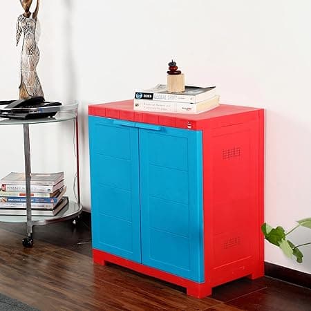 Cello Novelty Compact Plastic Shoe Rack with Dustproof Doors| 3 Year Warranty | Chappal/Slipper/Footwear Stand for Home, Living Room, Office, Outdoor| Red & Blue Colour