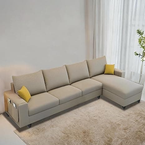 Casaliving Porto RHS 6 Seater L Shape Sofa Set for Living Room (Cream Fabric) Premium Velvet Fabric Sofa Set