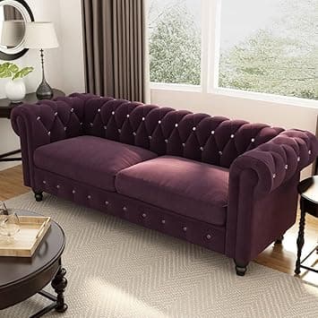 Dime Store Wooden Chesterfield Sofa 3 Seater with Button Tufted Design Solid Wood Frame Upholstered Couch with Rolled Arms | Luxury Living Room Sofa for Home, Office, Lounge & Reception (BlackBerry)