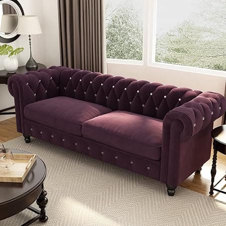 Dime Store Wooden Chesterfield Sofa 3 Seater with Button Tufted Design Solid Wood Frame Upholstered Couch with Rolled Arms | Luxury Living Room Sofa for Home, Office, Lounge & Reception (BlackBerry)