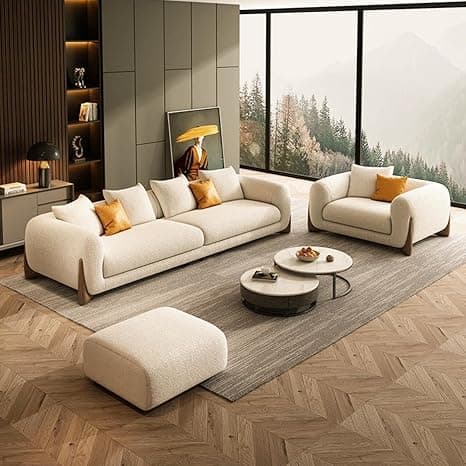 Modern Sofa, Teddy Fabric, Chesterfield Style, Wooden Legs, for Living Room, Bedroom, Hallways (3+1+Ottoman)
