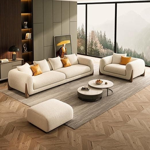 Modern Sofa, Teddy Fabric, Chesterfield Style, Wooden Legs, for Living Room, Bedroom, Hallways (3+1+Ottoman)