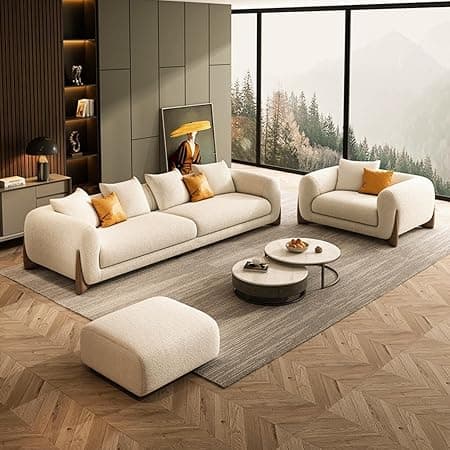 Modern Sofa, Teddy Fabric, Chesterfield Style, Wooden Legs, for Living Room, Bedroom, Hallways (3+1+Ottoman)