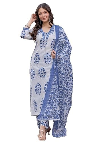 PARTHVI Women's Pure Cotton Printed Straight Kurta Set with Palazzo Pants & Dupatta- Ethnic Wear, Green