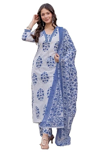PARTHVI Women's Pure Cotton Printed Straight Kurta Set with Palazzo Pants & Dupatta- Ethnic Wear, Green