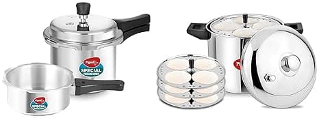 Pigeon Idly Maker 4 Plates Compatible with Induction and Gas Stove & Pigeon by Stovekraft 12708 Aluminium Pressure Cooker Combo, Outer Lid, Without Induction Base (2 litre and 3 litre, Silver)