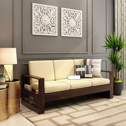 Mamta Furniture Solid Sheesham Wood 3 Seater Sofa Set | Living Room Wooden Sofa Set Furniture - Walnut Finish with Cream Cushion
