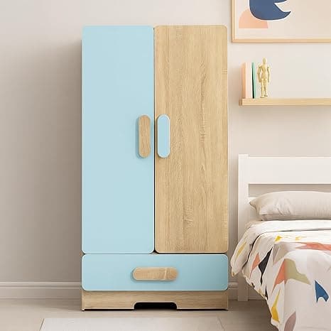 Alex Daisy Romania Kids 2 Door Wardrobe with Shoe Drawer for 3-12 Years| Non-Toxic Safe Material | Soft Coated Premium Finish | Engineered Wood Kids Bedroom Storage Cupboard (Blue, with Drawer)
