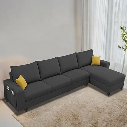 Casaliving Porto RHS 6 Seater L Shape Sofa Set for Living Room (Black Fabric) Premium Velvet Fabric Sofa Set