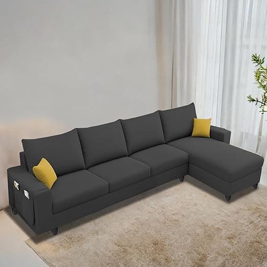Casaliving Porto RHS 6 Seater L Shape Sofa Set for Living Room (Black Fabric) Premium Velvet Fabric Sofa Set