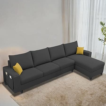 Casaliving Porto RHS 6 Seater L Shape Sofa Set for Living Room (Black Fabric) Premium Velvet Fabric Sofa Set