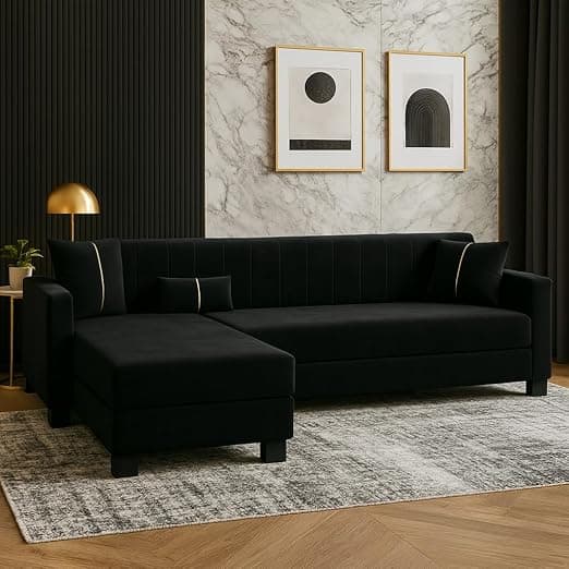 SOCOZI Almeria 4 Seater LHS L Shape Sofa Set | Soft Velvet Suede Fabric | Modern Design | Plush Comfort Cushions for Living Room (Black)