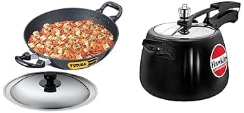 Hawkins Futura 2.5 Litre Deep Fry Pan, Non Stick Kadai with Stainless Steel Lid, Round Bottom Kadhai, Black (Nk25S) & Contura Black Pressure Cooker, 4 Litre, Black (Cb40), 2.5 Liter