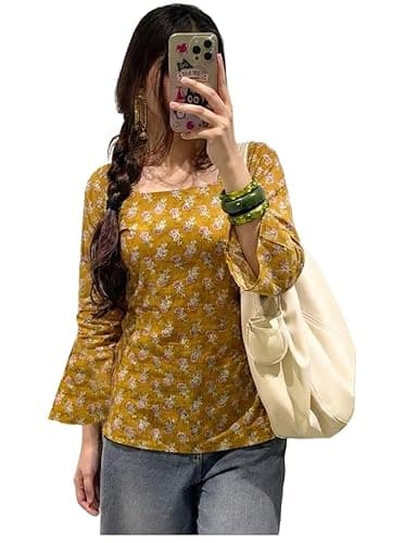 ANNI Designer Women’s Viscose Blend Printed Short Kurti | Straight Fit Casual Ethnic Top | Square Neck Full Sleeve Kurta Office College