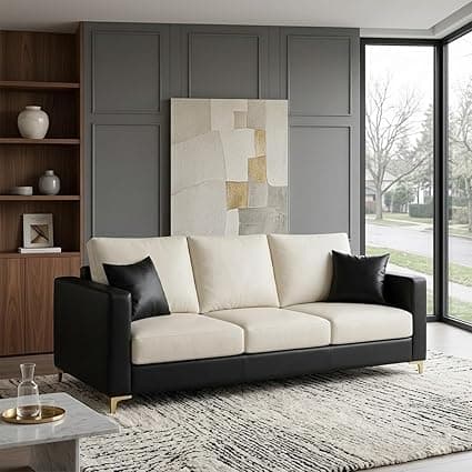 Hayes Dual Tone Premium Leatherette 3 Seater Sofa | Golden Aesthetic Legs | Spacious Soft Touch Comfort Seating | Modern Sofa for Living Room (Black & Cream)