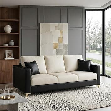 Hayes Dual Tone Premium Leatherette 3 Seater Sofa | Golden Aesthetic Legs | Spacious Soft Touch Comfort Seating | Modern Sofa for Living Room (Black & Cream)