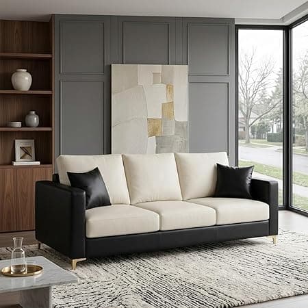 Hayes Dual Tone Premium Leatherette 3 Seater Sofa | Golden Aesthetic Legs | Spacious Soft Touch Comfort Seating | Modern Sofa for Living Room (Black & Cream)