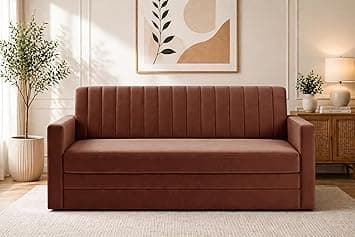 Modern Velvet 3-Seater Sofa Cum Bed with Armrest, Convertible Sleeper Couch Sofa for Living Room, Bedroom & Office-Brown
