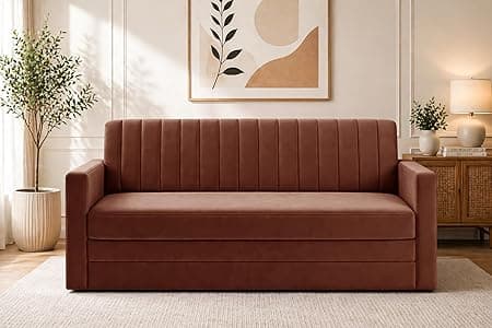 Modern Velvet 3-Seater Sofa Cum Bed with Armrest, Convertible Sleeper Couch Sofa for Living Room, Bedroom & Office-Brown