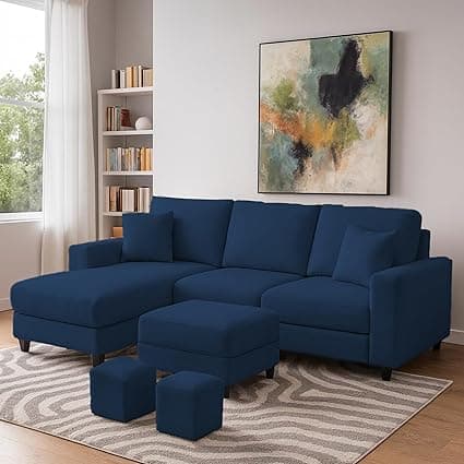 Casaliving Rolando Seater L Shape Sofa Set for Living Room Left Side (Blue, 4 Seater with Ottomon - LHS)