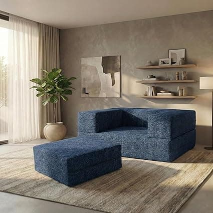 C-Type Sofa Bed 3x6 Ft with Pouffe – Jute Fabric Convertible Floor Sofa Cum Bed with Wide Arm Support for Living Room & Guest Room, Office - Blue Color