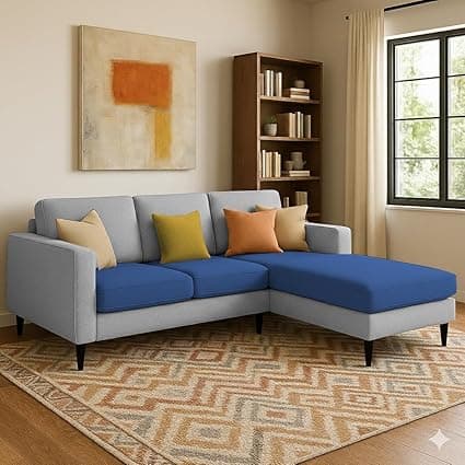 Casaliving Grayon 3 Seater L Shape Convertible Sofa Set for Living Room, 3 Seater & Ottoman Modular Sectional Couch for Small Space (Blue Grey Colour) Fabric