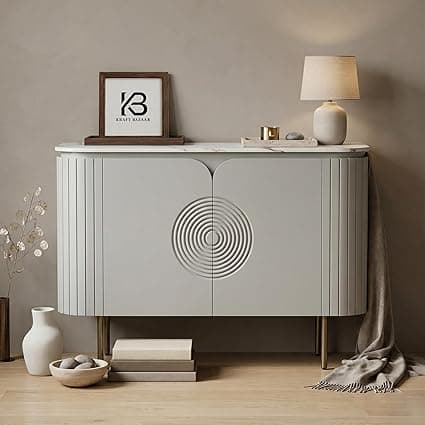 Solid Wood Mandala Sideboard Cabinet with Sintered Stone Top for Living Room | Premium Acrylic Silver Grey Finish | 119.8cm W x 39.8cm D x 85cm H