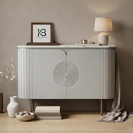 Solid Wood Mandala Sideboard Cabinet with Sintered Stone Top for Living Room | Premium Acrylic Silver Grey Finish | 119.8cm W x 39.8cm D x 85cm H