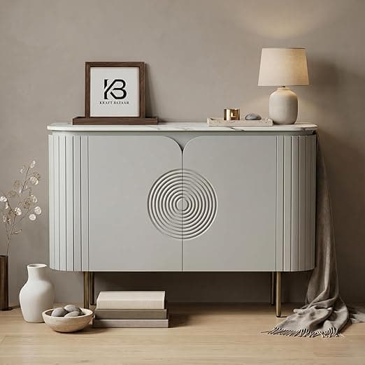 Solid Wood Mandala Sideboard Cabinet with Sintered Stone Top for Living Room | Premium Acrylic Silver Grey Finish | 119.8cm W x 39.8cm D x 85cm H